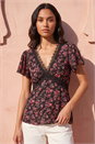 Black Floral Print Lace Detail Top, Image 1 of 4