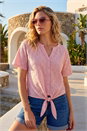 Pink V-Neck Broderie Stretch Jersey Tie Front Top, Image 1 of 4