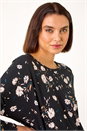 Black Floral Print Drop Shoulder Stretch Top, Image 4 of 5