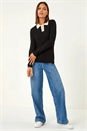 Black Button Scallop Collar Ribbed Jumper, Image 2 of 5