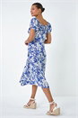 Blue Floral Tie Detail Midi Dress, Image 3 of 5