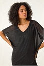 Black Glitter Mesh Overlay Tunic Stretch Top, Image 1 of 5