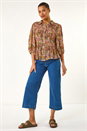 Brown Shirred Printed Front Button Up Blouse, Image 4 of 5