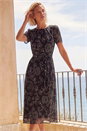 Black Floral Print Pleated Midi Dress, Image 2 of 4