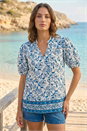 Blue Petite Floral Border V-Neck Top, Image 2 of 4