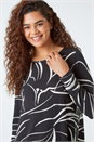 Black Leaf Print Chiffon Hem Stretch Top , Image 4 of 5