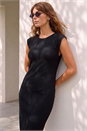 Black Ribbed Cap Sleeve Midi Dress, Image 2 of 4