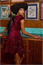 Wine Sequin Bow Back Flare Dress, Image 7 of 8