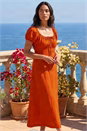 Orange Puff Sleeve Linen Blend Midi Dress, Image 2 of 4