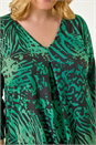 Green Curve Animal Print Pleat Front Top, Image 5 of 5