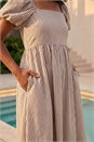 Coffee Stripe Puff Sleeve Midi Dress , Image 4 of 4