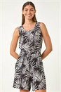 Black Leaf Print Crinkle Playsuit, Image 1 of 5