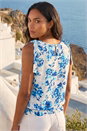 Blue Floral Print Bow Detail Stretch Top, Image 2 of 4