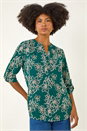 Teal Floral Puff Print Stretch Top, Image 4 of 5