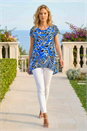 Royal Blue Textured Leaf Print Stretch Tunic Top, Image 2 of 4