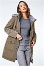 Khaki Faux Fur Trim Hooded Parka Coat , Image 1 of 5