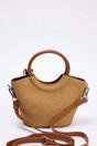 Beige Women's Woven Mini Tote Bag with Ring Handle and Charm Detail, Image 3 of 3