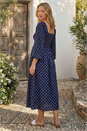 Navy  Polka Dot Shirred Midi Dress, Image 3 of 4