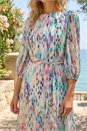 White Blurred Print Pleat Neck Midi Dress, Image 4 of 4