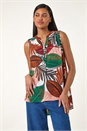Orange Leaf Print Pleated Vest Top, Image 1 of 5