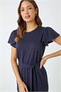 Navy  Ruffle Sleeve Belted Cotton Midi Dress, Image 4 of 5