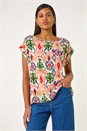Peach Abstract Print Cuff Sleeve Top, Image 1 of 5