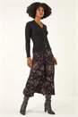 Black Floral Print Midi Elastic Waist Stretch Skirt, Image 3 of 5