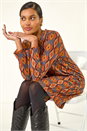 Dark Orange Geo Print Stretch Swing Dress, Image 2 of 5