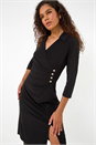 Black Ruched Button Stretch Midi Shirt Dress, Image 1 of 5