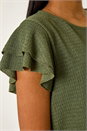 Khaki Textured Frill Sleeve T-Shirt, Image 5 of 5
