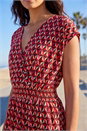 Red Geo Print V-Neck Stretch Midi Dress, Image 4 of 4