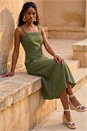Khaki Linen Blend Lace Trim Midi Dress, Image 1 of 4