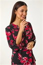 Red Textured Floral Print V-Neck Stretch Shirt, Image 2 of 5