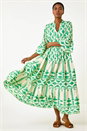 Green Aztec Print Tiered Midi Smock Dress, Image 2 of 5