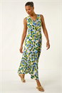 Blue Abstract Print Sleeveless Midi Dress, Image 1 of 5