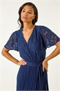 Navy  Lace Detail Wrap Midi Dress, Image 4 of 5