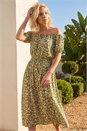 Khaki Petite Ditsy Print Bardot Midi Dress, Image 1 of 4
