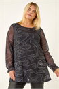 Black Curve Swirl Print Stretch Top, Image 1 of 5