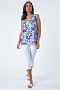 Purple Sleeveless V-Neck Leaf Print Button Cami Top, Image 2 of 5
