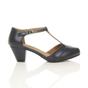 Navy Blue Mid Heel Comfort T-Bar Brogue Heels, Image 2 of 6