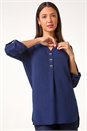 Navy  Longline Bow Button Woven Top, Image 2 of 5