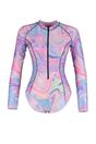 Multi Long Sleeve Zip Front Marble Print Performance Swimsuit, Image 2 of 4