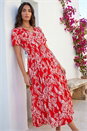 Red Leaf Print Shirred Maxi Dress, Image 1 of 4