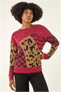Maroon Colour Block Abstract Knit Jumper, Image 1 of 5