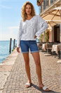 Blue Contrast Stitch V-Neck Top, Image 1 of 4