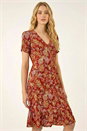 Red Floral Print Button Stretch Tea Dress , Image 4 of 5