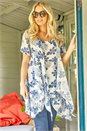Blue Short Sleeve Floral Crinkle Tunic Top, Image 1 of 5