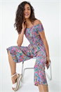 Blue Floral Shirred Stretch Bardot Jumpsuit, Image 1 of 5