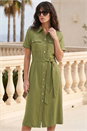 Khaki Button Belted Collared Shirt Dress, Image 3 of 4