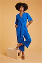 Royal Blue Angel Sleeve Cropped Wrap Jumpsuit, Image 2 of 6